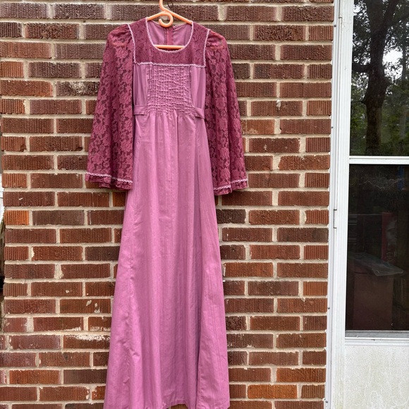 Vintage homemade Pink Maxi Dress back tie Lace sleeve Costume Prairie Dress XS - Picture 1 of 9